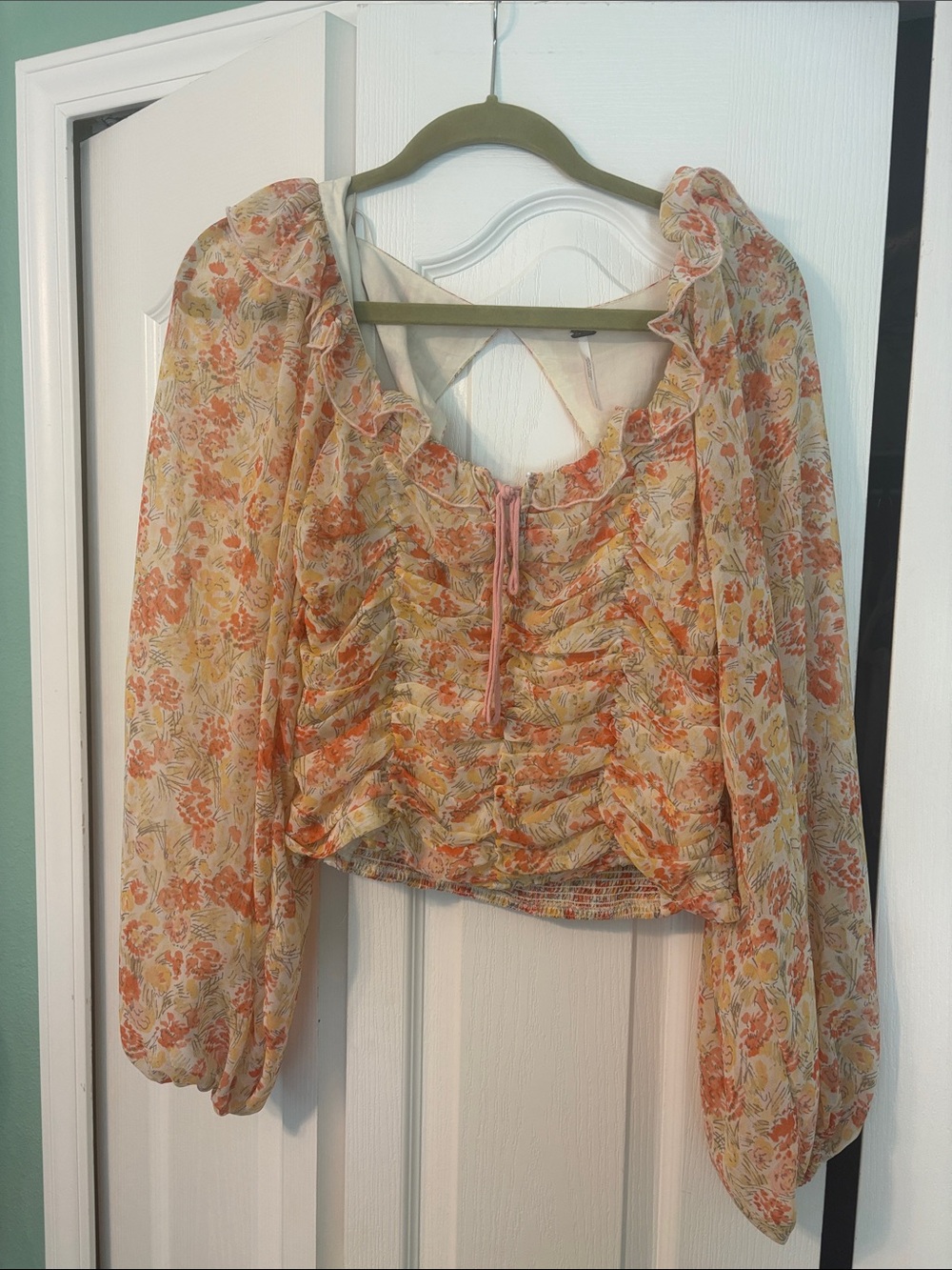 Free People Peach Floral Ruffle Crop Blouse
